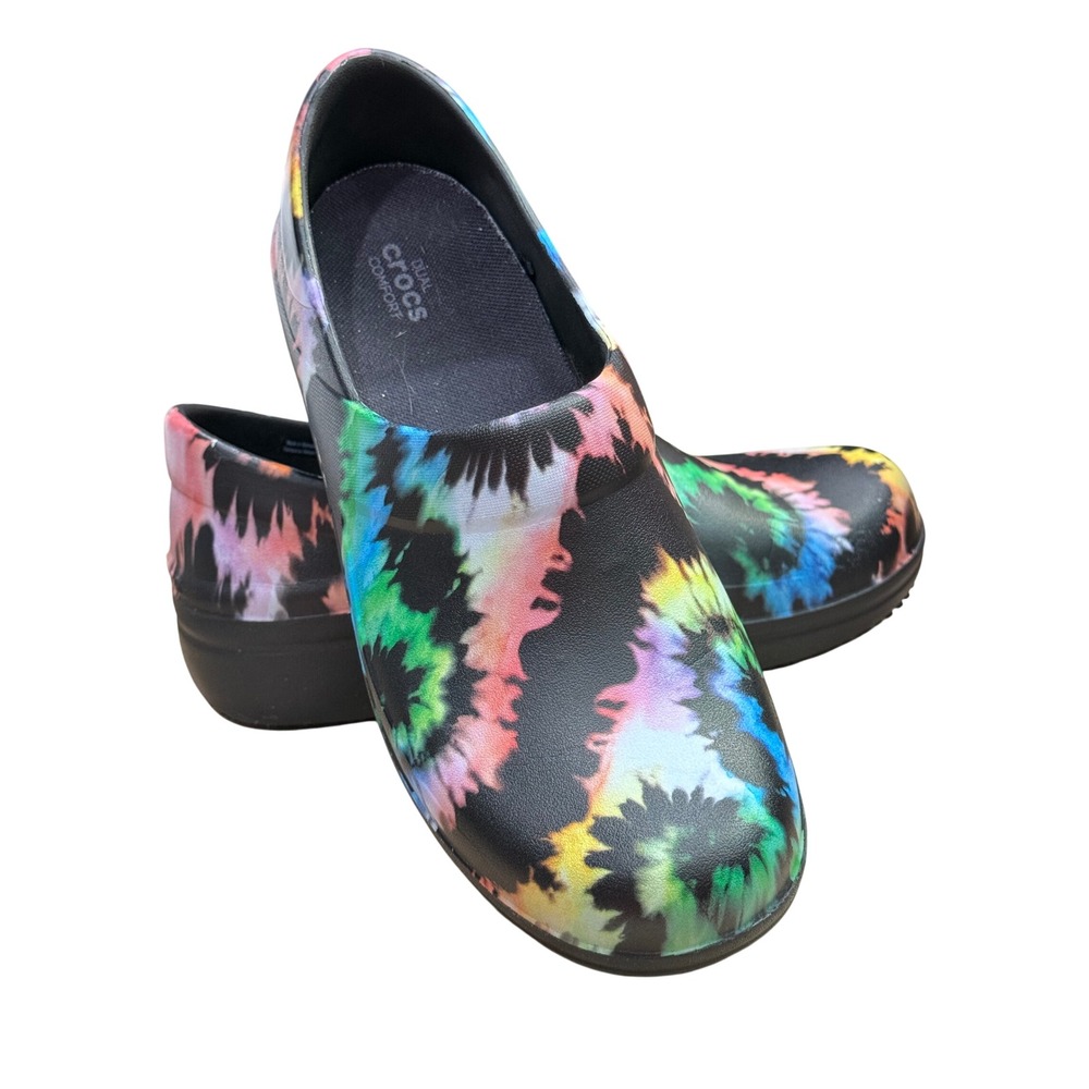 Crocs Neria Pro II Clogs Women 9 Black Tie Dye Slip Resistant Work Shoes Nurse